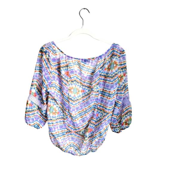 Groovy Off the Shoulder Peasant Top in Boho Tie Dye Hippie Print - Picture 2 of 5